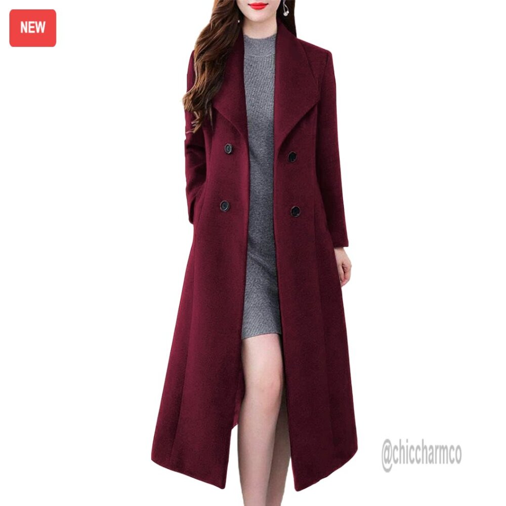 Wool Blend Trench Coat Shawl Collar Double Breasted Slim Fit Below Knee